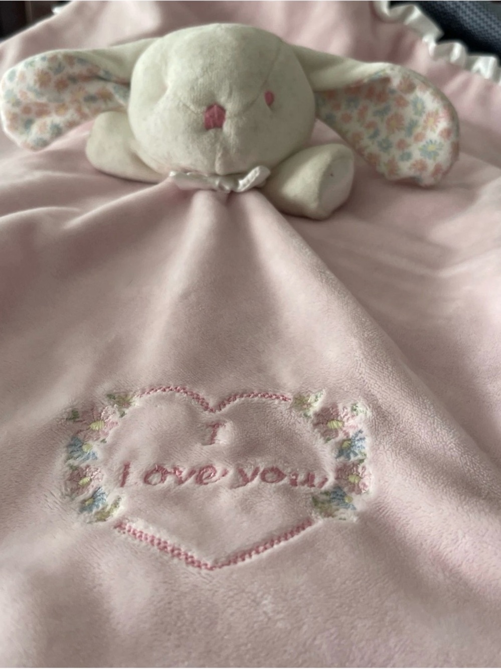 VTG Pink Bunny Baby Security Blanket Lovey Floral Ears Satin Trim "I Love You”